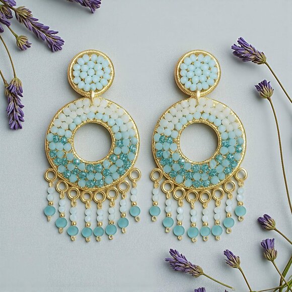 🆕Boho Chic Colombian Handmade Crystal Beaded Gold Plated Statement Earrings - Picture 1 of 11